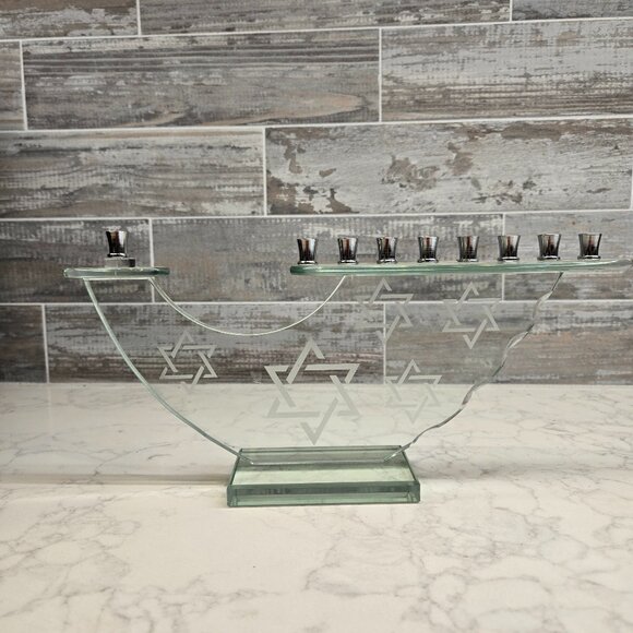 Etched Star of David in glass Menorah